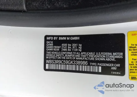 2016 BMW M4 from USA, damaged, VIN WBS3R9C59GK338986